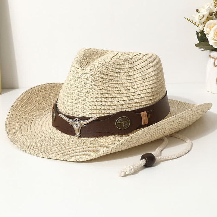Cappello di paglia con protezione solare per spiaggia estiva con decorazione per bovini