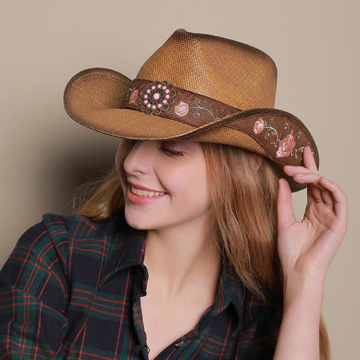 Cappello di paglia da cowboy con fiore rosa, stile western, da cowgirl