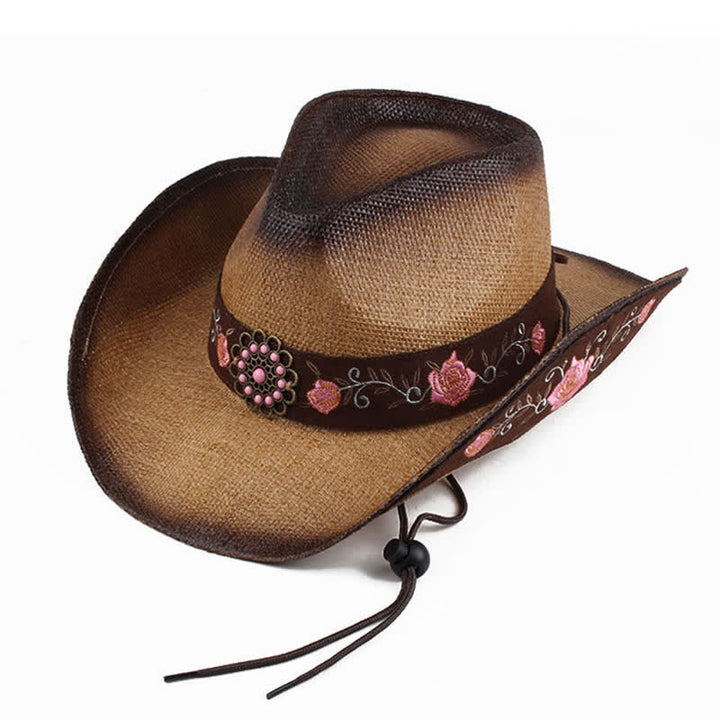 Cappello di paglia da cowboy con fiore rosa, stile western, da cowgirl