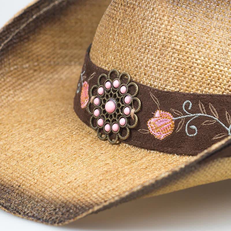 Cappello di paglia da cowboy con fiore rosa, stile western, da cowgirl