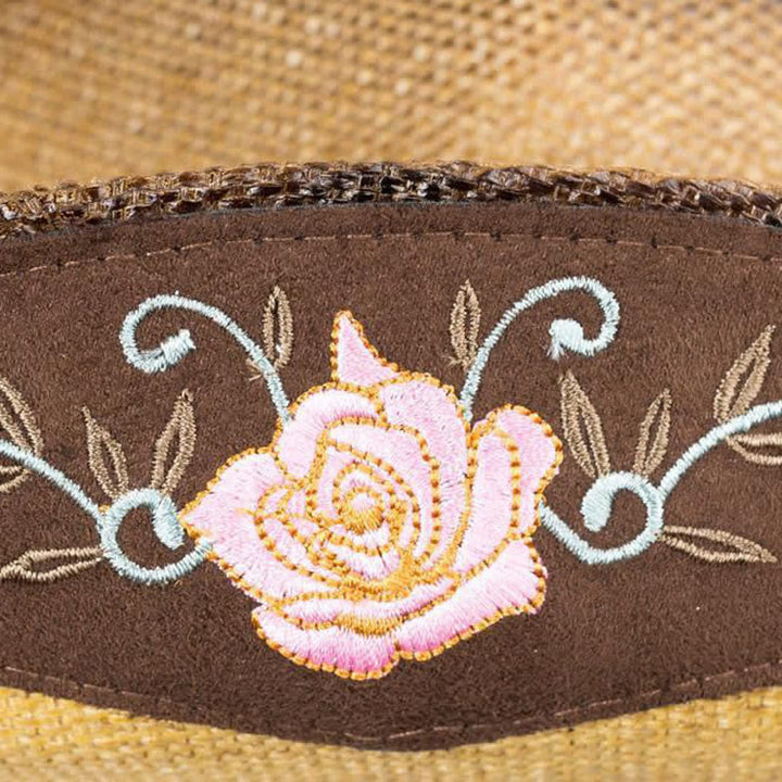 Cappello di paglia da cowboy con fiore rosa, stile western, da cowgirl