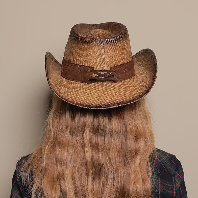 Cappello di paglia da cowboy con fiore rosa, stile western, da cowgirl
