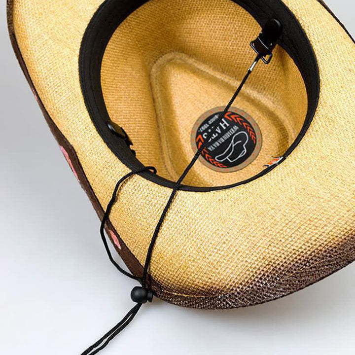 Cappello di paglia da cowboy con fiore rosa, stile western, da cowgirl