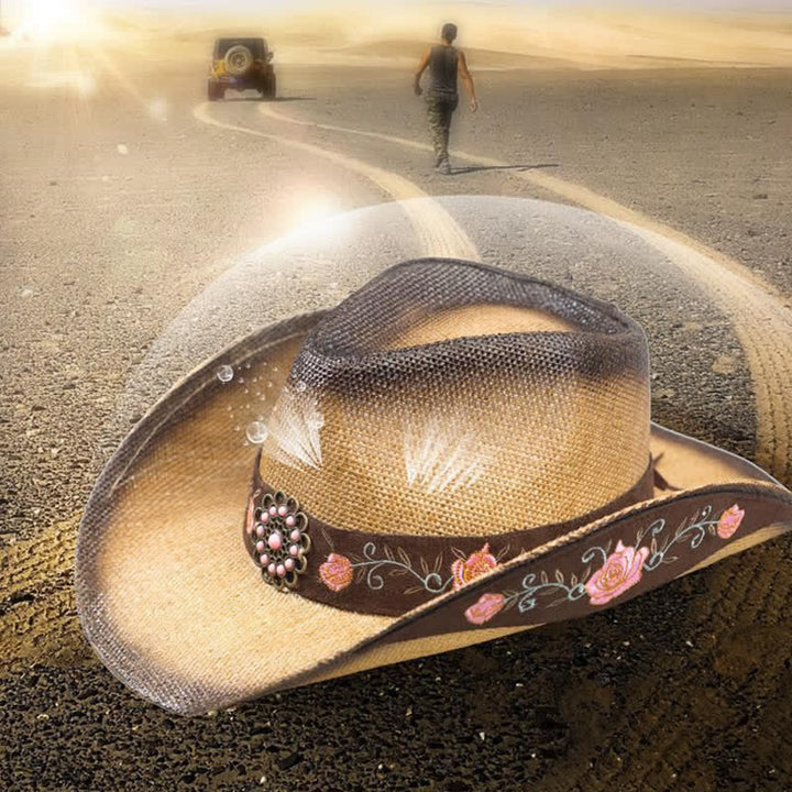Cappello di paglia da cowboy con fiore rosa, stile western, da cowgirl
