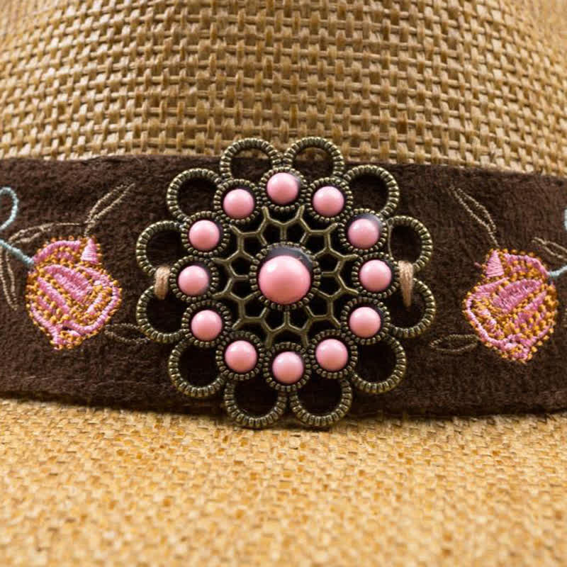 Cappello di paglia da cowboy con fiore rosa, stile western, da cowgirl