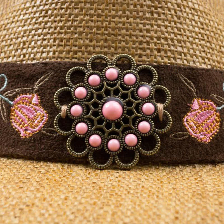Cappello di paglia da cowboy con fiore rosa, stile western, da cowgirl