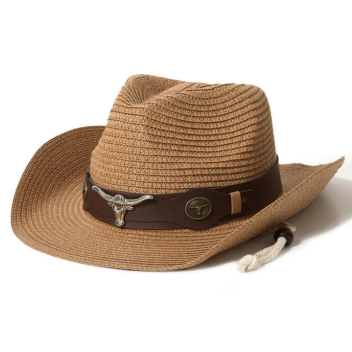 Cappello di paglia con protezione solare per spiaggia estiva con decorazione per bovini