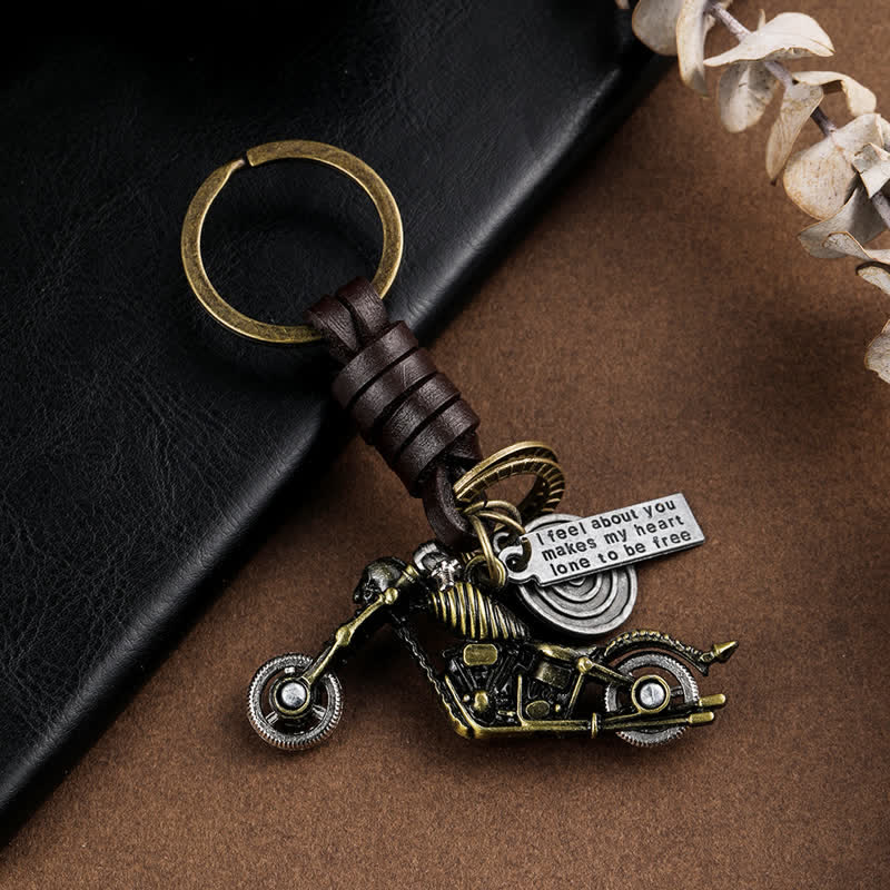 Portachiavi in pelle con ciondolo a forma di scheletro di motocicletta con teschio - Bronzo antico - image 0