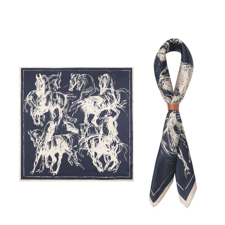 Sciarpa quadrata con stampa astratta di cavalli blu navy e beige