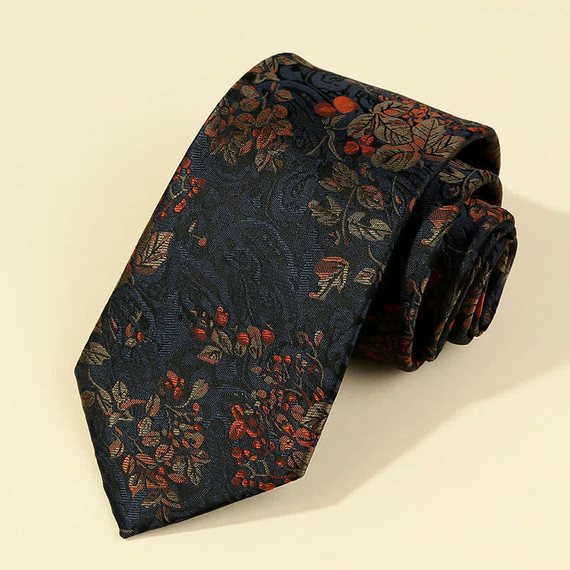 Cravatta da uomo con ricamo floreale blu notte e rosso