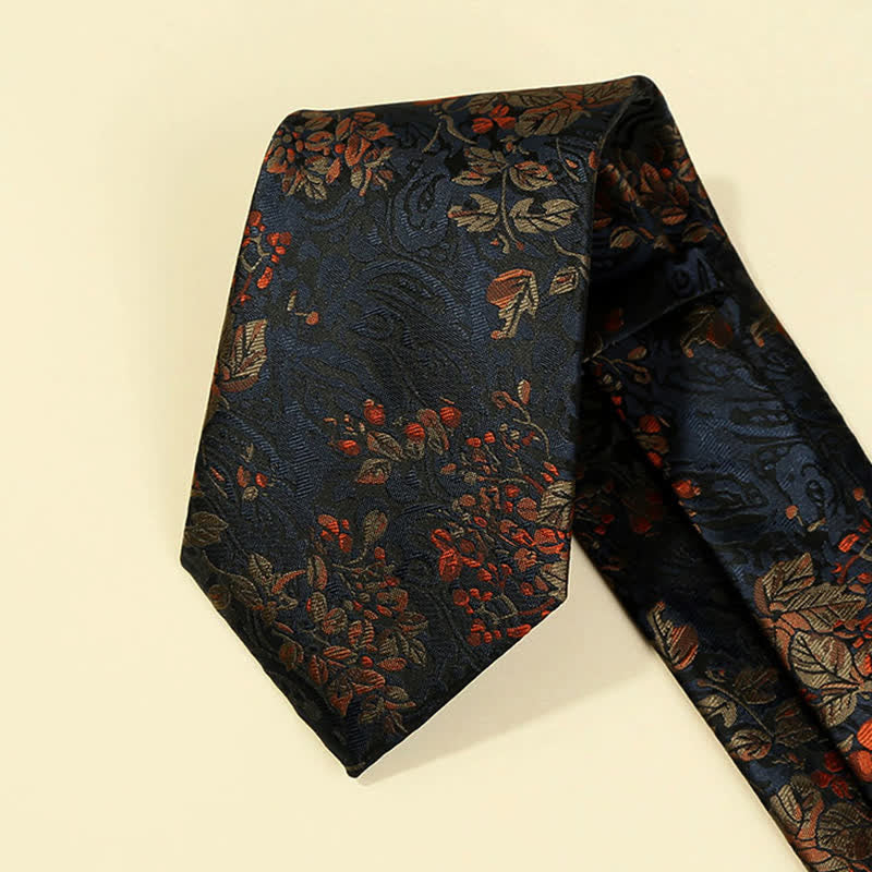 Cravatta da uomo con ricamo floreale blu notte e rosso