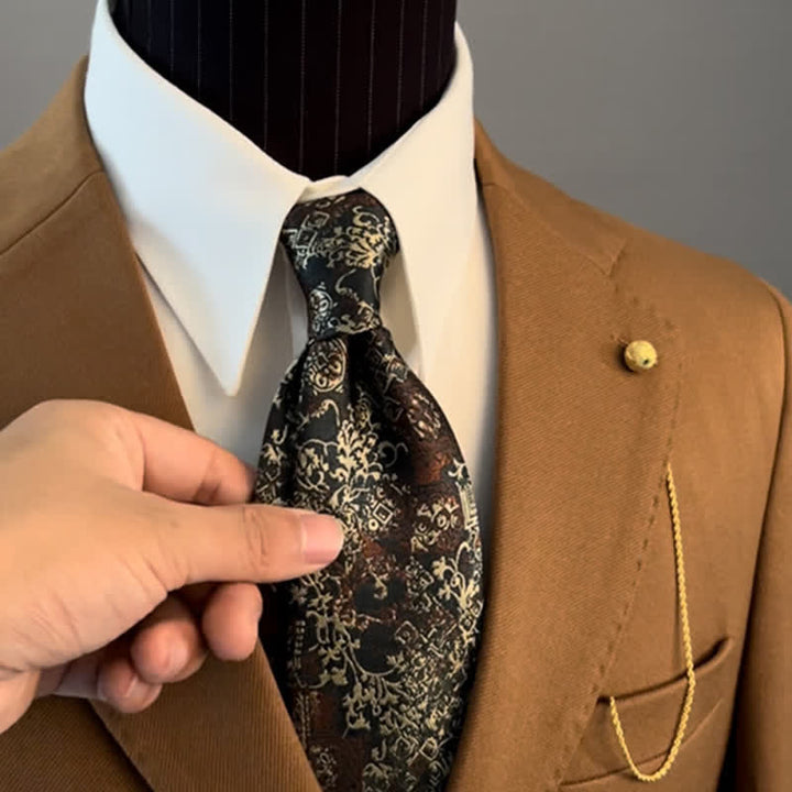 Cravatta da uomo con ricamo floreale bordeaux e beige