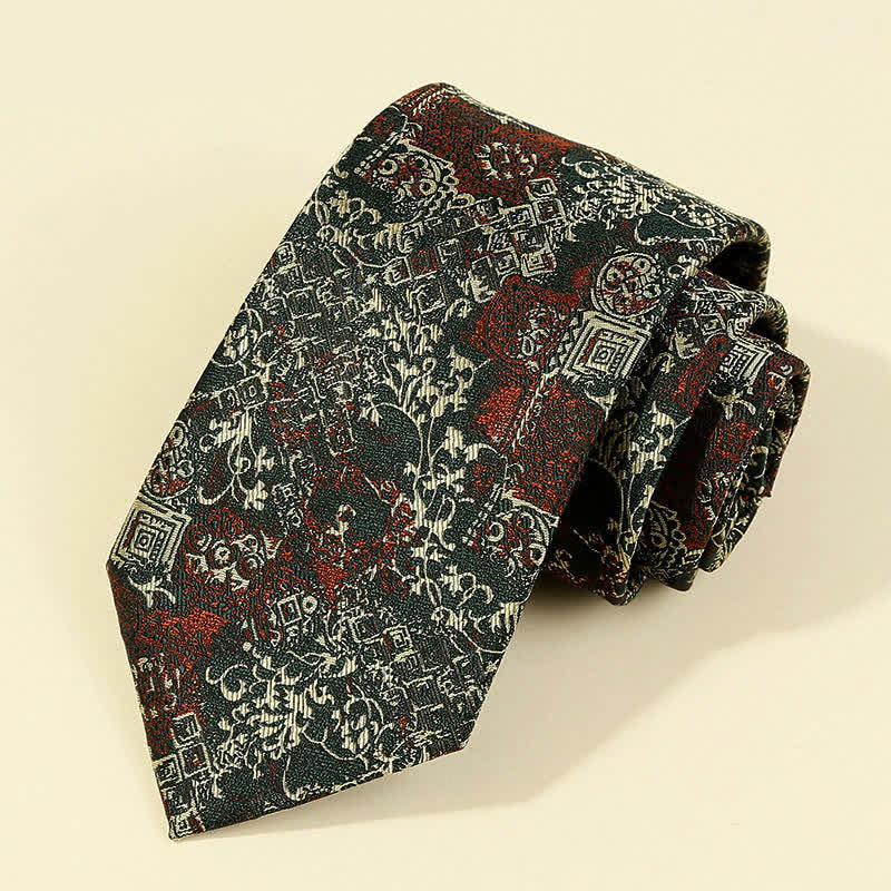 Cravatta da uomo con ricamo floreale bordeaux e beige