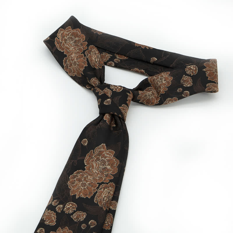 Cravatta elegante da uomo con foglie floreali, marrone navy