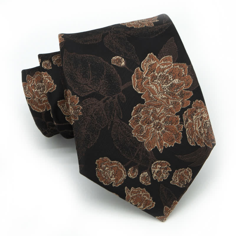 Cravatta elegante da uomo con foglie floreali, marrone navy