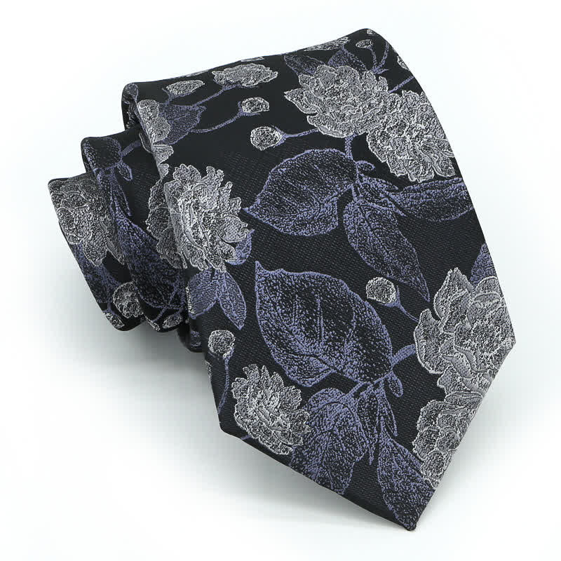 Cravatta elegante da uomo con foglie floreali, marrone navy - image 1