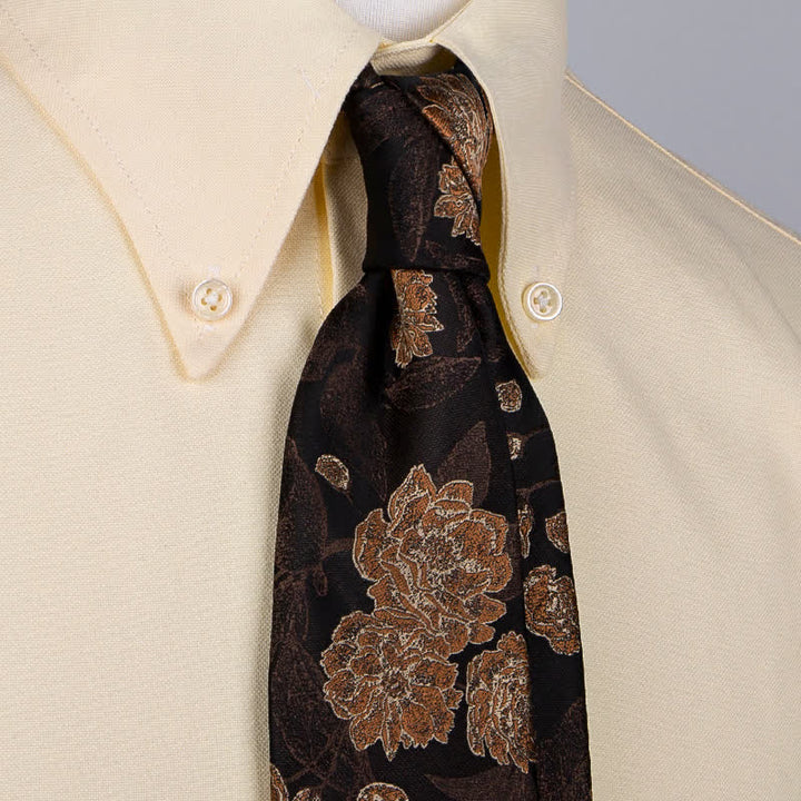 Cravatta elegante da uomo con foglie floreali, marrone navy