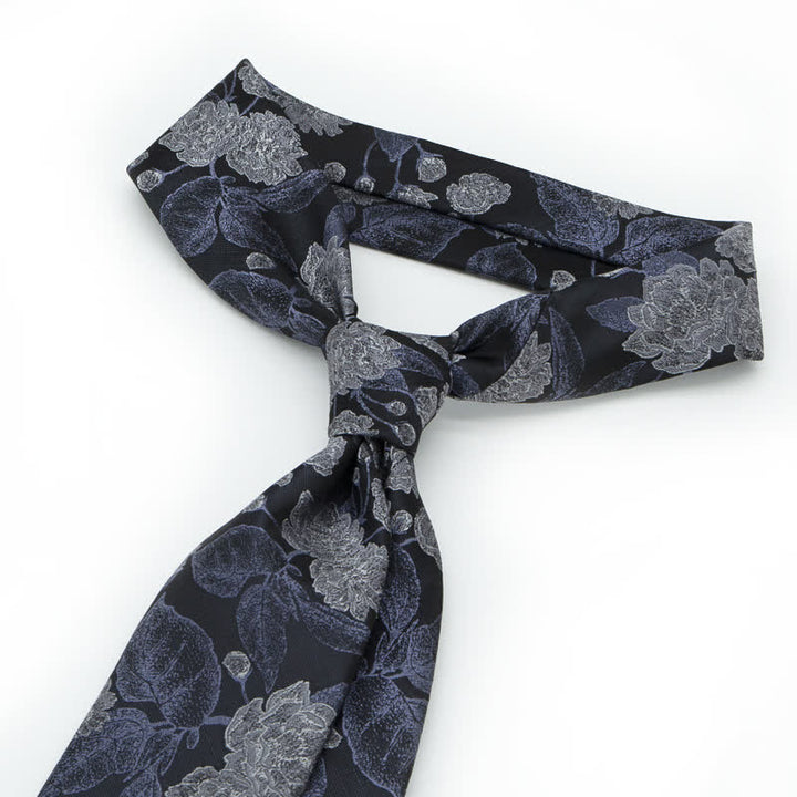 Cravatta elegante da uomo con foglie floreali, marrone navy