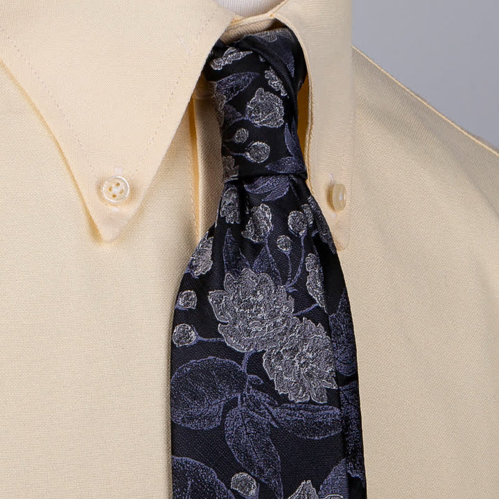 Cravatta elegante da uomo con foglie floreali, marrone navy