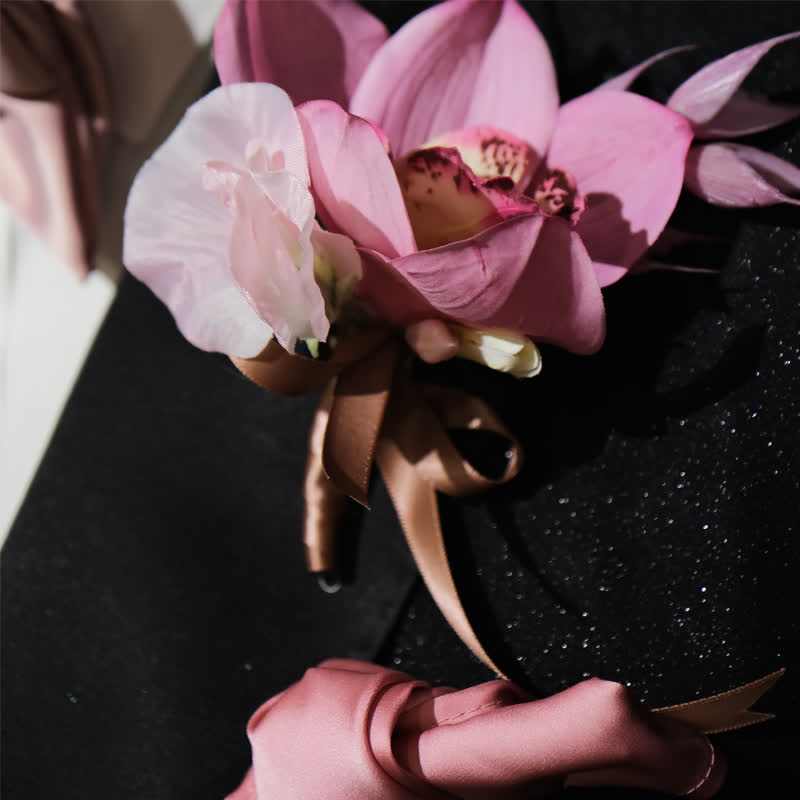 Set di 3 fazzoletti con spilla e papillon a coda di pesce rosa fumé da uomo - image 2