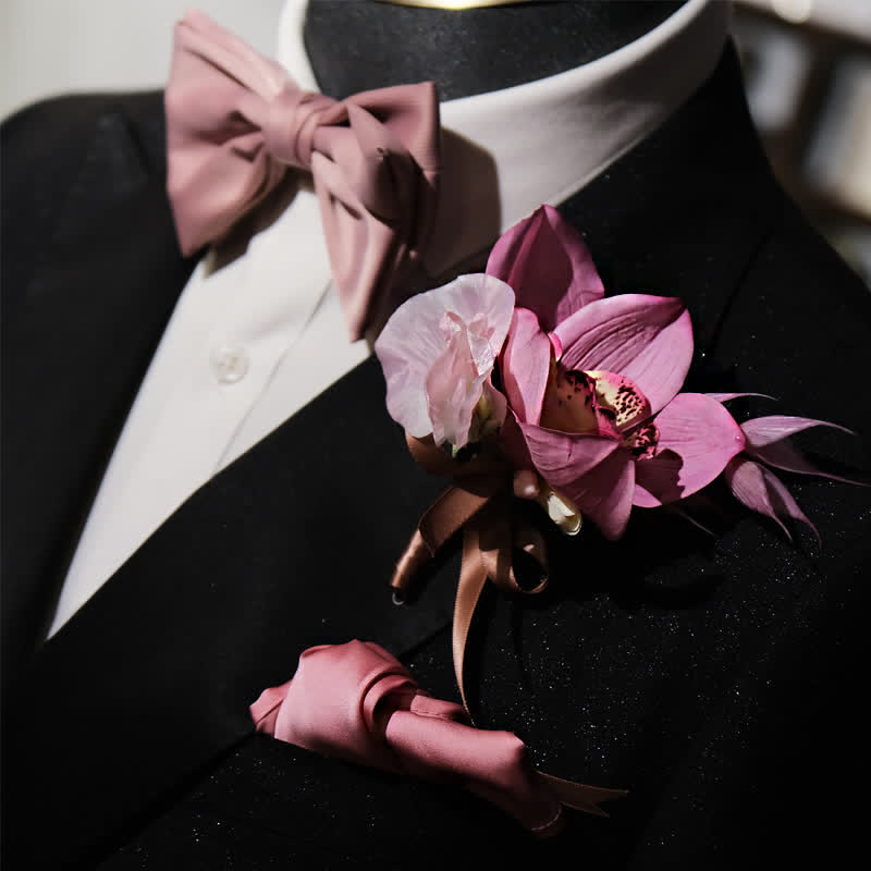 Set di 3 fazzoletti con spilla e papillon a coda di pesce rosa fumé da uomo