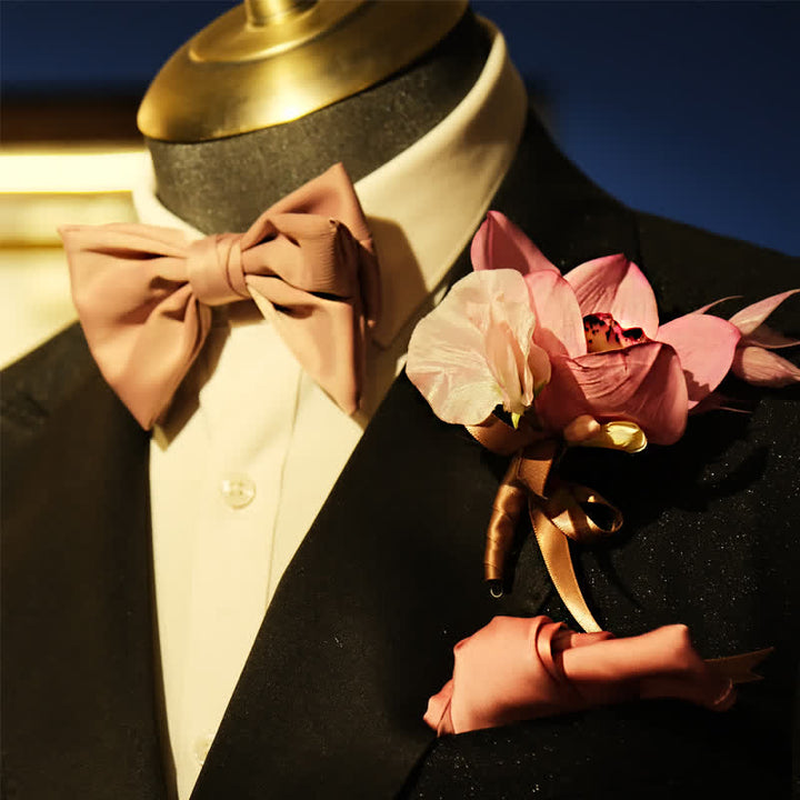 Set di 3 fazzoletti con spilla e papillon a coda di pesce rosa fumé da uomo
