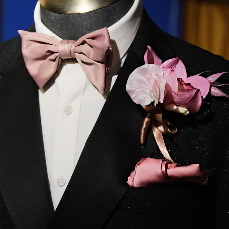 Set di 3 fazzoletti con spilla e papillon a coda di pesce rosa fumé da uomo