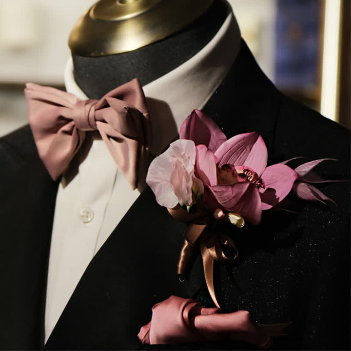 Set di 3 fazzoletti con spilla e papillon a coda di pesce rosa fumé da uomo
