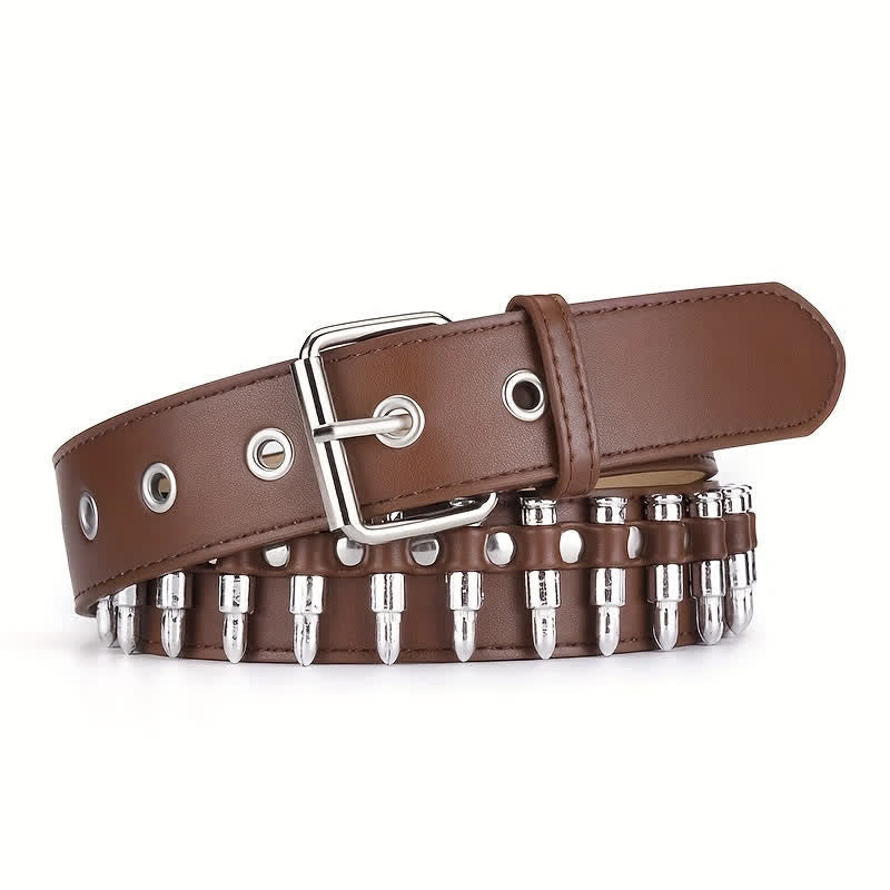 Cintura in pelle con decorazioni a rivetti e proiettili punk alla moda - Marrone - 42 - image 11