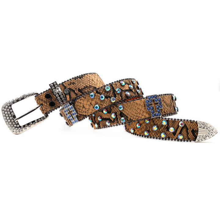 Cintura in pelle con borchie incrociate scintillanti e motivo serpente marrone