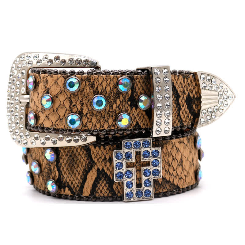 Cintura in pelle con borchie incrociate scintillanti e motivo serpente marrone - Marrone - 44 - image 0