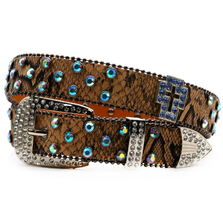 Cintura in pelle con borchie incrociate scintillanti e motivo serpente marrone - image 2