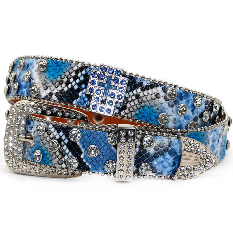 Cintura in pelle con borchie incrociate scintillanti e motivo serpente marrone - Blu - 44 - image 5