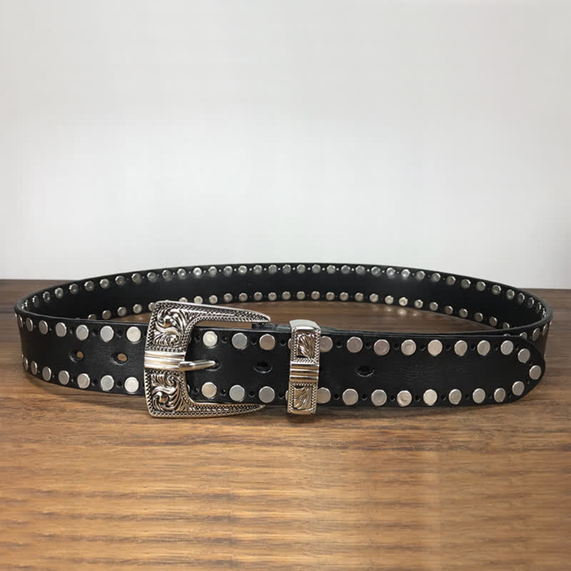 Cintura in pelle con borchie e rivetti rotondi Western a due file