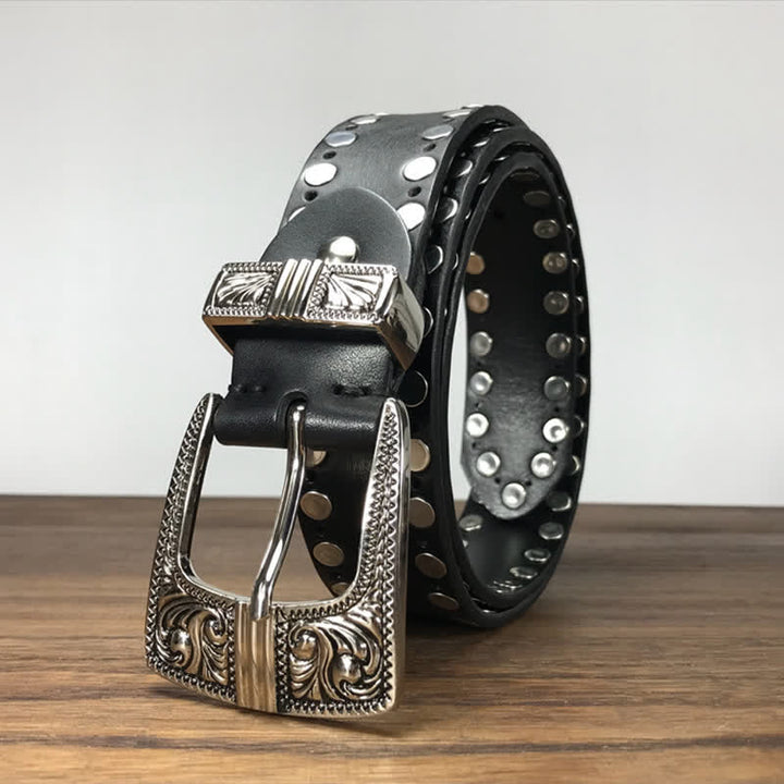 Cintura in pelle con borchie e rivetti rotondi Western a due file