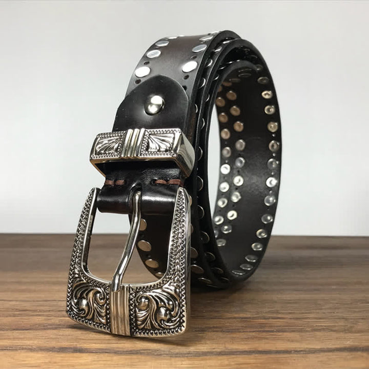 Cintura in pelle con borchie e rivetti rotondi Western a due file