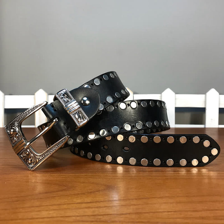 Cintura in pelle con borchie e rivetti rotondi Western a due file