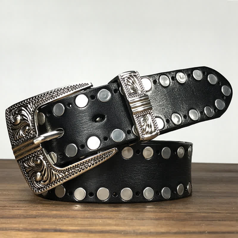 Cintura in pelle con borchie e rivetti rotondi Western a due file - Nero - 42 - image 3
