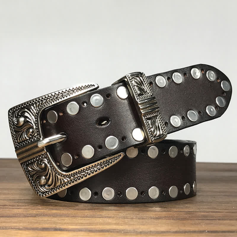 Cintura in pelle con borchie e rivetti rotondi Western a due file - image 2