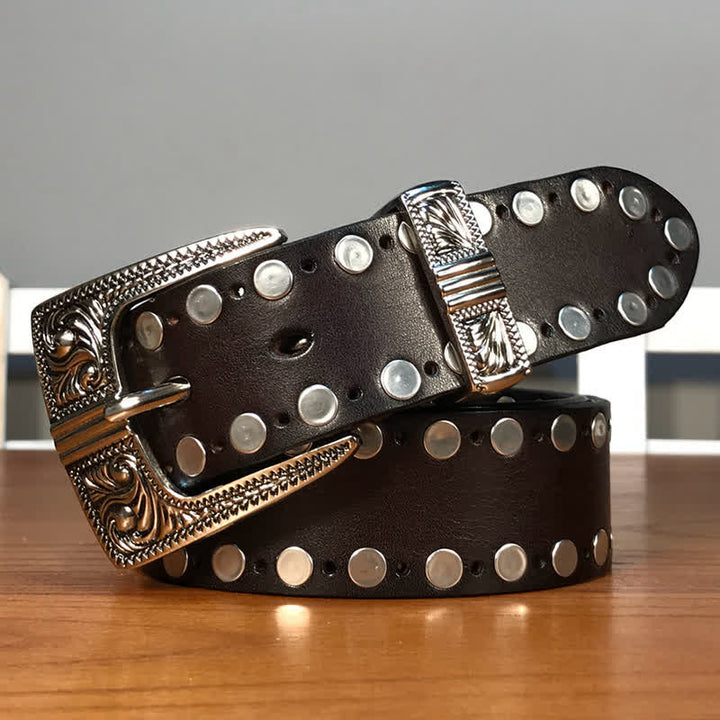 Cintura in pelle con borchie e rivetti rotondi Western a due file