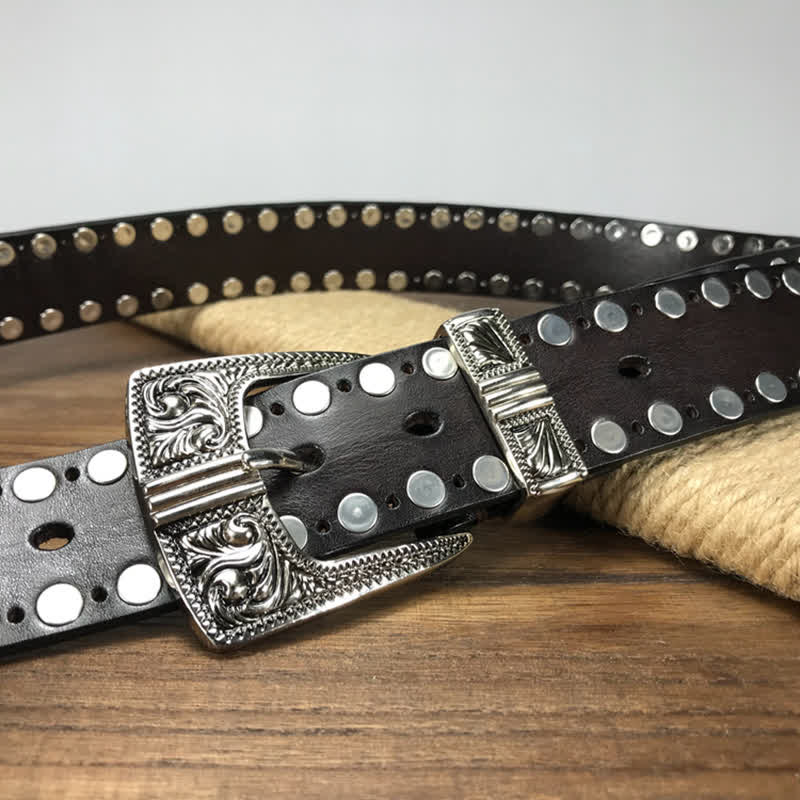 Cintura in pelle con borchie e rivetti rotondi Western a due file