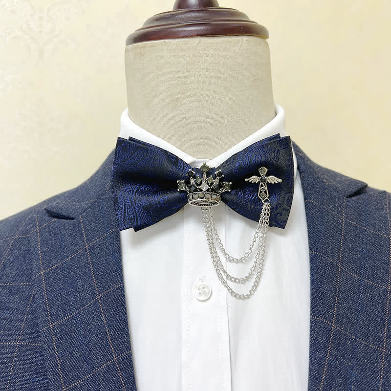 Papillon da uomo con corona in metallo argentato e catena a croce - Paisley blu navy / argento - image 9