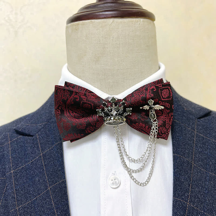 Papillon da uomo con corona in metallo argentato e catena a croce - Borgogna Paisley / Argento - image 2