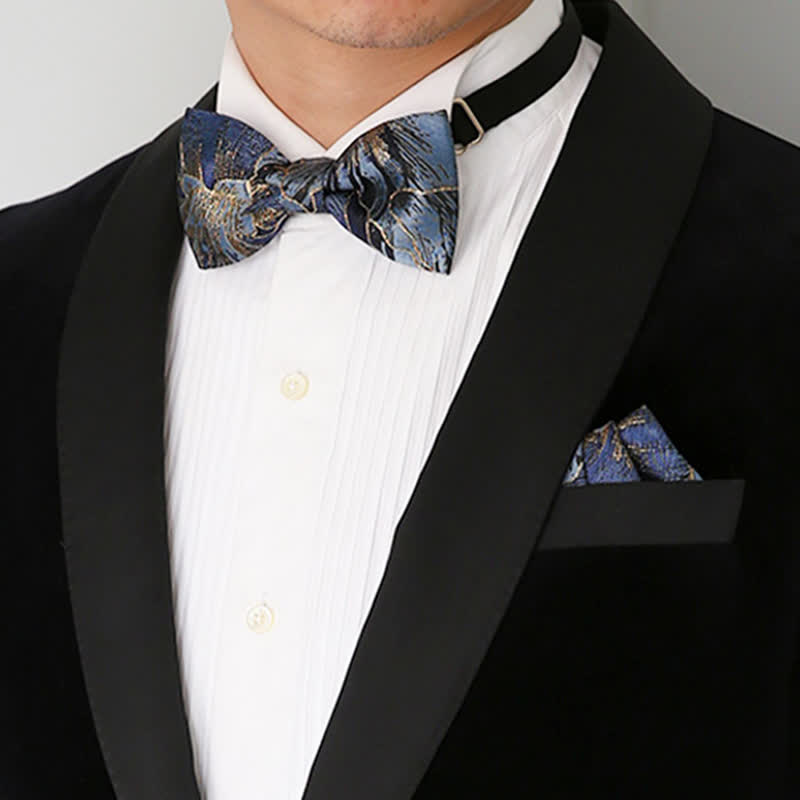 Papillon da uomo in jacquard floreale blu e oro brillante