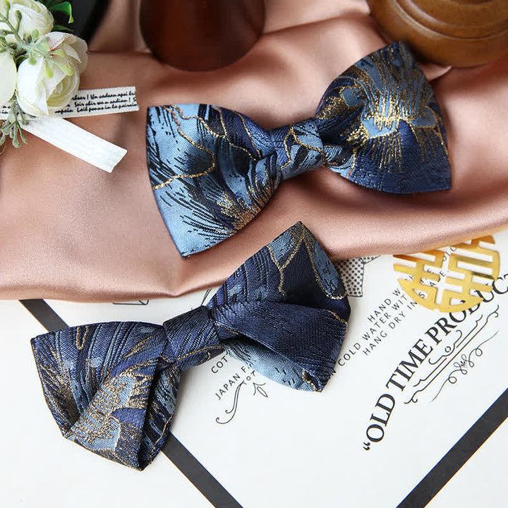 Papillon da uomo in jacquard floreale blu e oro brillante - image 0