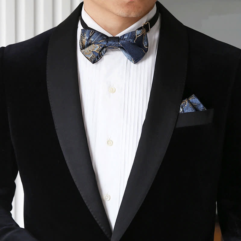 Papillon da uomo in jacquard floreale blu e oro brillante