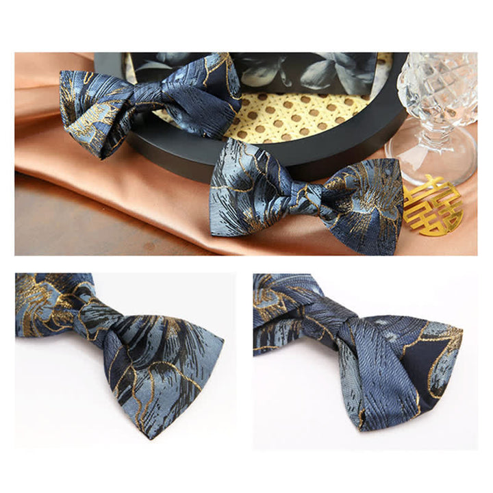 Papillon da uomo in jacquard floreale blu e oro brillante - image 4