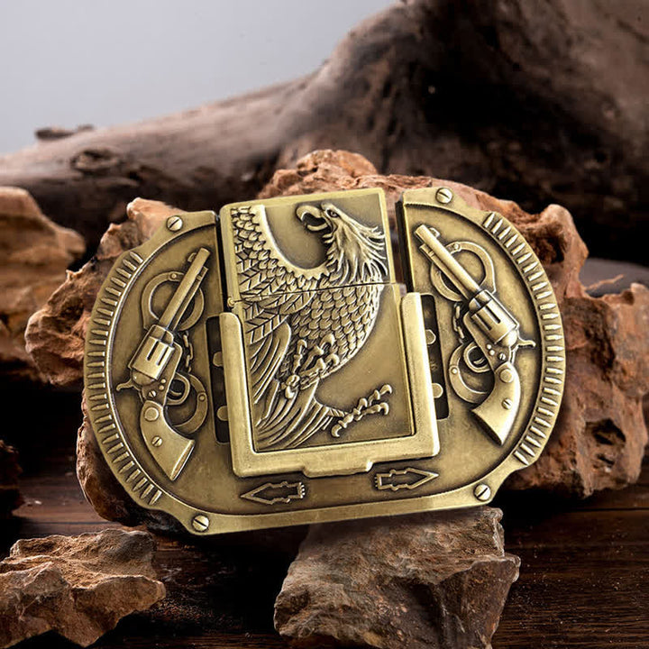 Cintura in pelle fai da te da uomo con aquila in bronzo e accendino nascosto