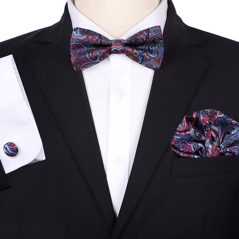 Set di 3 cravatte a farfalla con fazzoletto da taschino in jacquard paisley da uomo