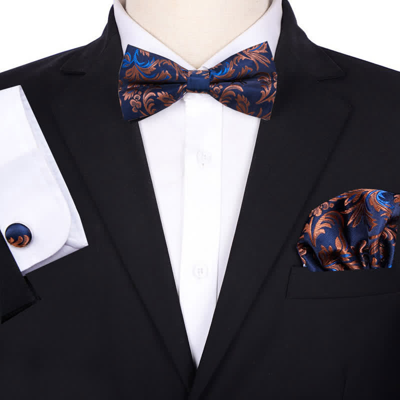 Set di 3 cravatte a farfalla con fazzoletto da taschino in jacquard paisley da uomo